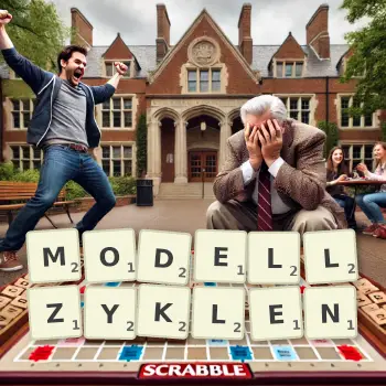 Kreative Illustration für ein Scrabble-Spiel, bei dem das Wort MODELLZYKLEN mit Steinen auf dem Brett gelegt wurde.