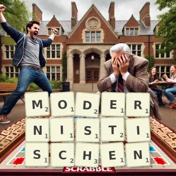 Kreative Illustration für ein Scrabble-Spiel, bei dem das Wort MODERNISTISCHEN mit Steinen auf dem Brett gelegt wurde.