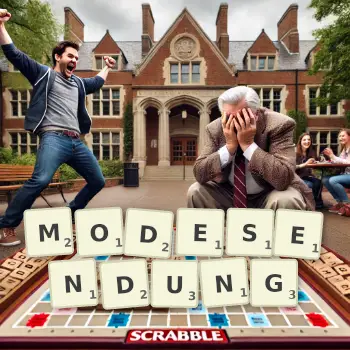Kreative Illustration für ein Scrabble-Spiel, bei dem das Wort MODESENDUNG mit Steinen auf dem Brett gelegt wurde.