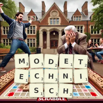 Kreative Illustration für ein Scrabble-Spiel, bei dem das Wort MODETECHNISCH mit Steinen auf dem Brett gelegt wurde.