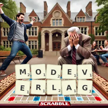 Kreative Illustration für ein Scrabble-Spiel, bei dem das Wort MODEVERLAG mit Steinen auf dem Brett gelegt wurde.