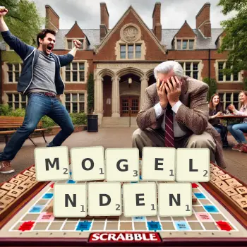 Kreative Illustration für ein Scrabble-Spiel, bei dem das Wort MOGELNDEN mit Steinen auf dem Brett gelegt wurde.