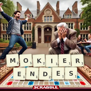 Kreative Illustration für ein Scrabble-Spiel, bei dem das Wort MOKIERENDES mit Steinen auf dem Brett gelegt wurde.