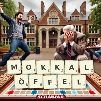Kreative Illustration für ein Scrabble-Spiel, bei dem das Wort MOKKALÖFFEL mit Steinen auf dem Brett gelegt wurde.