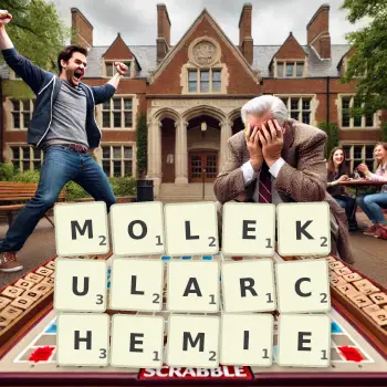 Kreative Illustration für ein Scrabble-Spiel, bei dem das Wort MOLEKULARCHEMIE mit Steinen auf dem Brett gelegt wurde.