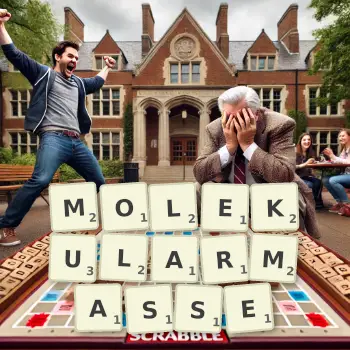 Kreative Illustration für ein Scrabble-Spiel, bei dem das Wort MOLEKULARMASSE mit Steinen auf dem Brett gelegt wurde.