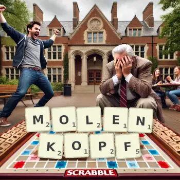 Kreative Illustration für ein Scrabble-Spiel, bei dem das Wort MOLENKOPF mit Steinen auf dem Brett gelegt wurde.