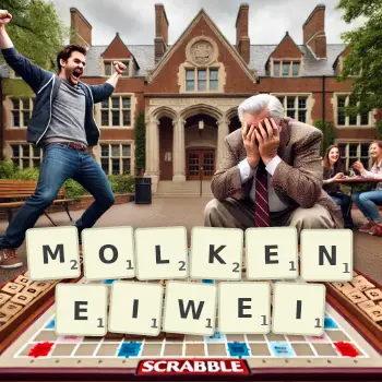 Kreative Illustration für ein Scrabble-Spiel, bei dem das Wort MOLKENEIWEI mit Steinen auf dem Brett gelegt wurde.