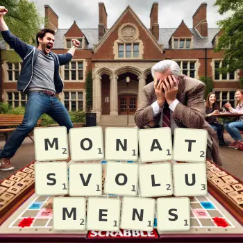 Kreative Illustration für ein Scrabble-Spiel, bei dem das Wort MONATSVOLUMENS mit Steinen auf dem Brett gelegt wurde.