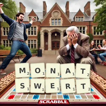 Kreative Illustration für ein Scrabble-Spiel, bei dem das Wort MONATSWERT mit Steinen auf dem Brett gelegt wurde.