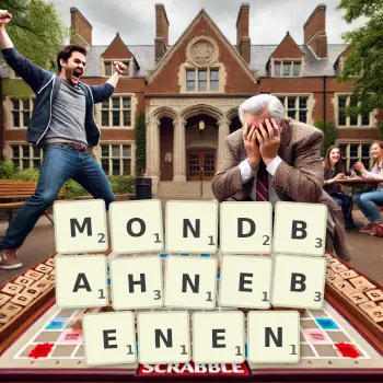 Kreative Illustration für ein Scrabble-Spiel, bei dem das Wort MONDBAHNEBENEN mit Steinen auf dem Brett gelegt wurde.