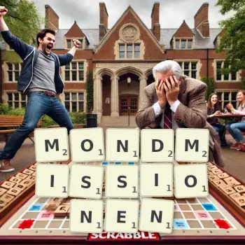 Kreative Illustration für ein Scrabble-Spiel, bei dem das Wort MONDMISSIONEN mit Steinen auf dem Brett gelegt wurde.