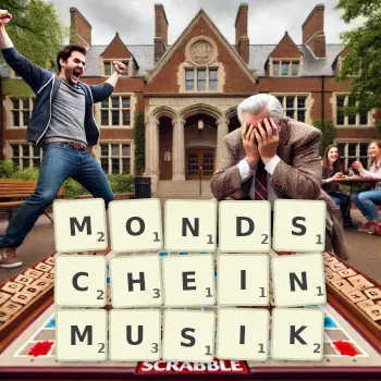 Kreative Illustration für ein Scrabble-Spiel, bei dem das Wort MONDSCHEINMUSIK mit Steinen auf dem Brett gelegt wurde.