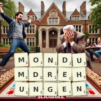 Kreative Illustration für ein Scrabble-Spiel, bei dem das Wort MONDUMDREHUNGEN mit Steinen auf dem Brett gelegt wurde.