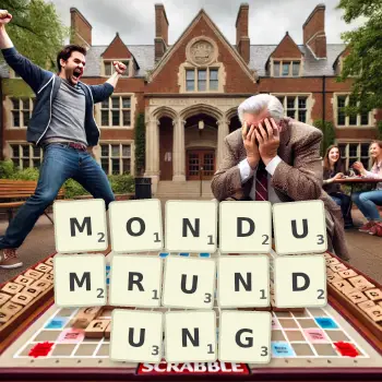 Kreative Illustration für ein Scrabble-Spiel, bei dem das Wort MONDUMRUNDUNG mit Steinen auf dem Brett gelegt wurde.