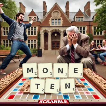 Kreative Illustration für ein Scrabble-Spiel, bei dem das Wort MONETEN mit Steinen auf dem Brett gelegt wurde.