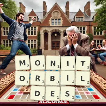 Kreative Illustration für ein Scrabble-Spiel, bei dem das Wort MONITORBILDES mit Steinen auf dem Brett gelegt wurde.