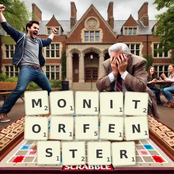Kreative Illustration für ein Scrabble-Spiel, bei dem das Wort MONITORFENSTER mit Steinen auf dem Brett gelegt wurde.