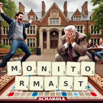 Kreative Illustration für ein Scrabble-Spiel, bei dem das Wort MONITORMAST mit Steinen auf dem Brett gelegt wurde.