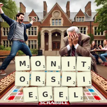 Kreative Illustration für ein Scrabble-Spiel, bei dem das Wort MONITORSPIEGEL mit Steinen auf dem Brett gelegt wurde.