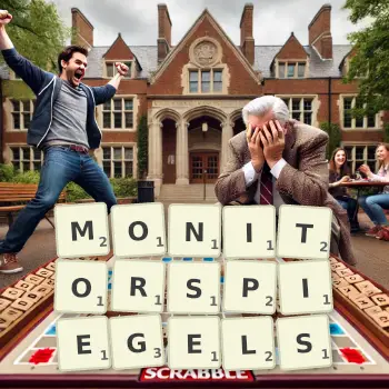 Kreative Illustration für ein Scrabble-Spiel, bei dem das Wort MONITORSPIEGELS mit Steinen auf dem Brett gelegt wurde.