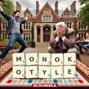 Kreative Illustration für ein Scrabble-Spiel, bei dem das Wort MONOKOTYLE mit Steinen auf dem Brett gelegt wurde.