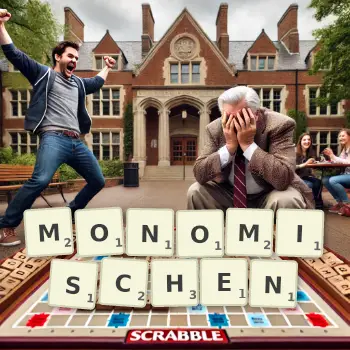Kreative Illustration für ein Scrabble-Spiel, bei dem das Wort MONOMISCHEN mit Steinen auf dem Brett gelegt wurde.