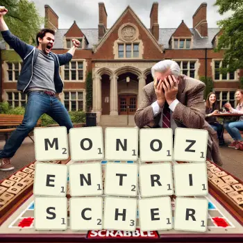 Kreative Illustration für ein Scrabble-Spiel, bei dem das Wort MONOZENTRISCHER mit Steinen auf dem Brett gelegt wurde.