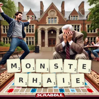 Kreative Illustration für ein Scrabble-Spiel, bei dem das Wort MONSTERHAIE mit Steinen auf dem Brett gelegt wurde.