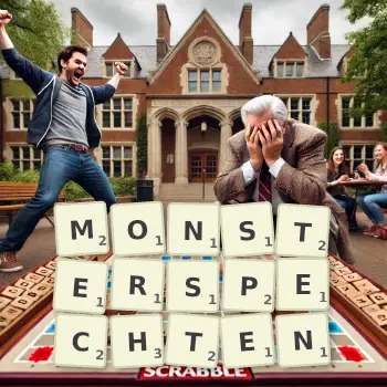 Kreative Illustration für ein Scrabble-Spiel, bei dem das Wort MONSTERSPECHTEN mit Steinen auf dem Brett gelegt wurde.