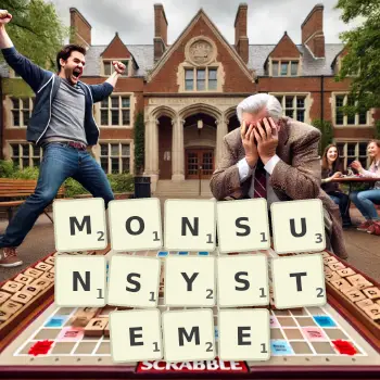 Kreative Illustration für ein Scrabble-Spiel, bei dem das Wort MONSUNSYSTEME mit Steinen auf dem Brett gelegt wurde.