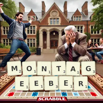 Kreative Illustration für ein Scrabble-Spiel, bei dem das Wort MONTAGEEBER mit Steinen auf dem Brett gelegt wurde.