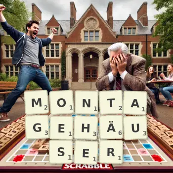 Kreative Illustration für ein Scrabble-Spiel, bei dem das Wort MONTAGEHÄUSER mit Steinen auf dem Brett gelegt wurde.