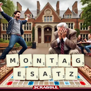 Kreative Illustration für ein Scrabble-Spiel, bei dem das Wort MONTAGESATZ mit Steinen auf dem Brett gelegt wurde.