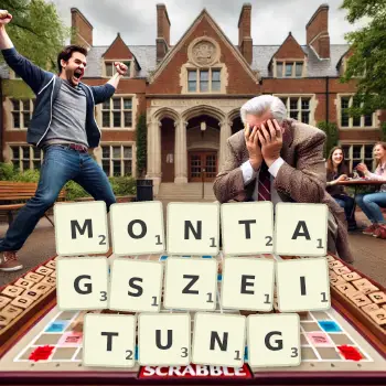 Kreative Illustration für ein Scrabble-Spiel, bei dem das Wort MONTAGSZEITUNG mit Steinen auf dem Brett gelegt wurde.