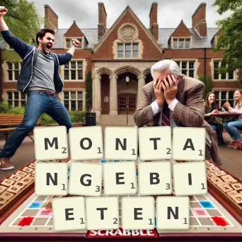 Kreative Illustration für ein Scrabble-Spiel, bei dem das Wort MONTANGEBIETEN mit Steinen auf dem Brett gelegt wurde.
