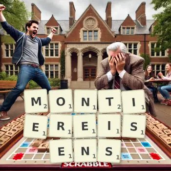 Kreative Illustration für ein Scrabble-Spiel, bei dem das Wort MONTIEREISENS mit Steinen auf dem Brett gelegt wurde.
