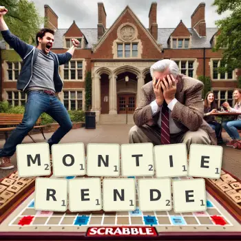 Kreative Illustration für ein Scrabble-Spiel, bei dem das Wort MONTIERENDE mit Steinen auf dem Brett gelegt wurde.