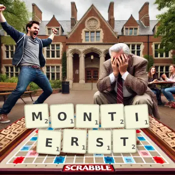 Kreative Illustration für ein Scrabble-Spiel, bei dem das Wort MONTIERST mit Steinen auf dem Brett gelegt wurde.