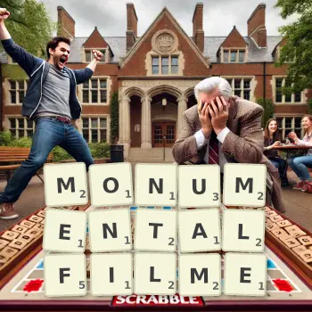 Kreative Illustration für ein Scrabble-Spiel, bei dem das Wort MONUMENTALFILME mit Steinen auf dem Brett gelegt wurde.