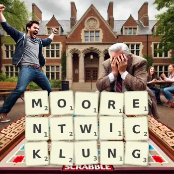 Kreative Illustration für ein Scrabble-Spiel, bei dem das Wort MOORENTWICKLUNG mit Steinen auf dem Brett gelegt wurde.