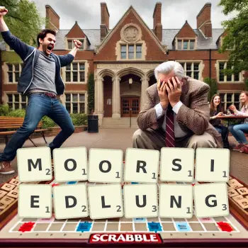 Kreative Illustration für ein Scrabble-Spiel, bei dem das Wort MOORSIEDLUNG mit Steinen auf dem Brett gelegt wurde.