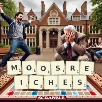 Kreative Illustration für ein Scrabble-Spiel, bei dem das Wort MOOSREICHES mit Steinen auf dem Brett gelegt wurde.