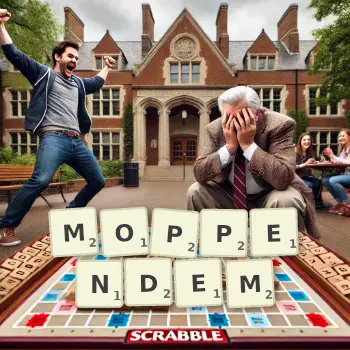 Kreative Illustration für ein Scrabble-Spiel, bei dem das Wort MOPPENDEM mit Steinen auf dem Brett gelegt wurde.