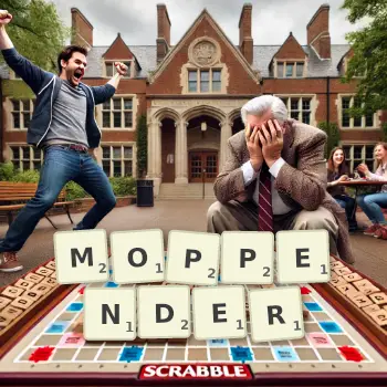 Kreative Illustration für ein Scrabble-Spiel, bei dem das Wort MOPPENDER mit Steinen auf dem Brett gelegt wurde.