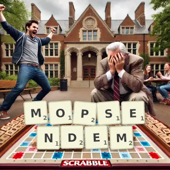 Kreative Illustration für ein Scrabble-Spiel, bei dem das Wort MOPSENDEM mit Steinen auf dem Brett gelegt wurde.