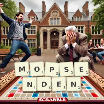 Kreative Illustration für ein Scrabble-Spiel, bei dem das Wort MOPSENDEN mit Steinen auf dem Brett gelegt wurde.