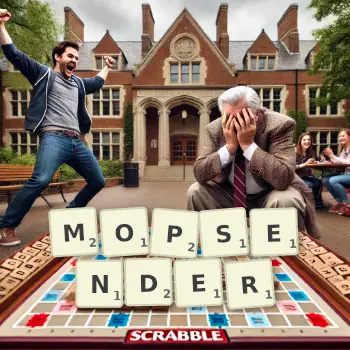 Kreative Illustration für ein Scrabble-Spiel, bei dem das Wort MOPSENDER mit Steinen auf dem Brett gelegt wurde.