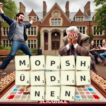 Kreative Illustration für ein Scrabble-Spiel, bei dem das Wort MOPSHÜNDINNEN mit Steinen auf dem Brett gelegt wurde.