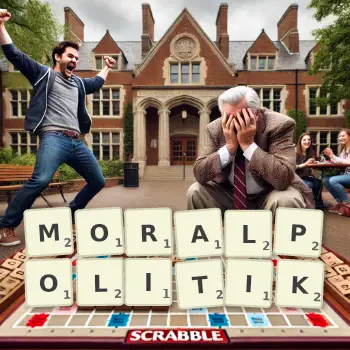 Kreative Illustration für ein Scrabble-Spiel, bei dem das Wort MORALPOLITIK mit Steinen auf dem Brett gelegt wurde.